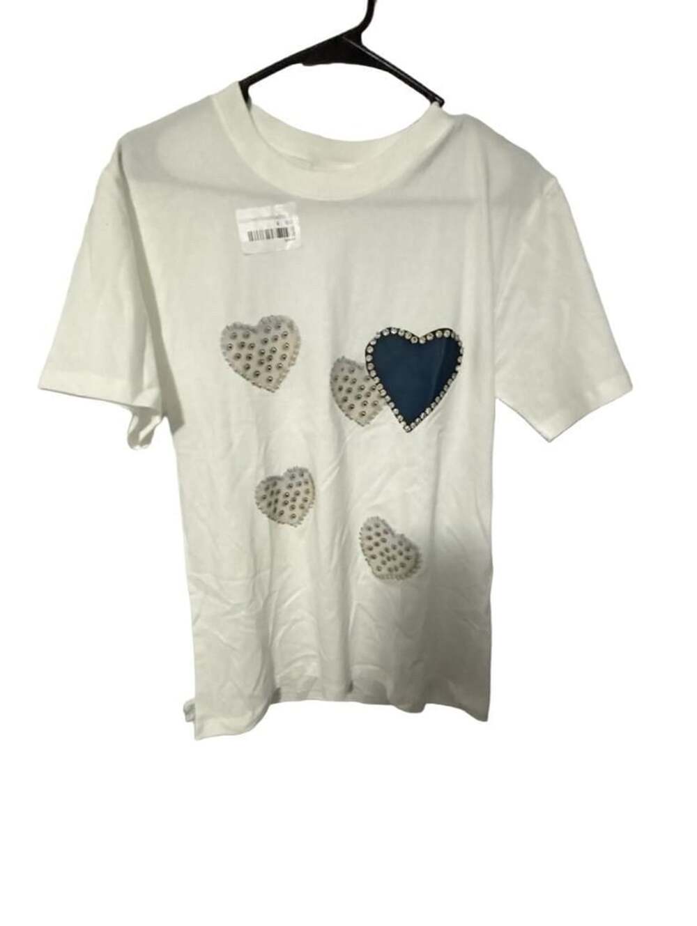 Bohologie Women's White Cotton T-Shirt with 3D Denim Heart Patch and Rhinestone
